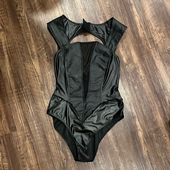 Body Rage Tops - Body Rage Faux Leather and Mesh Bodysuit